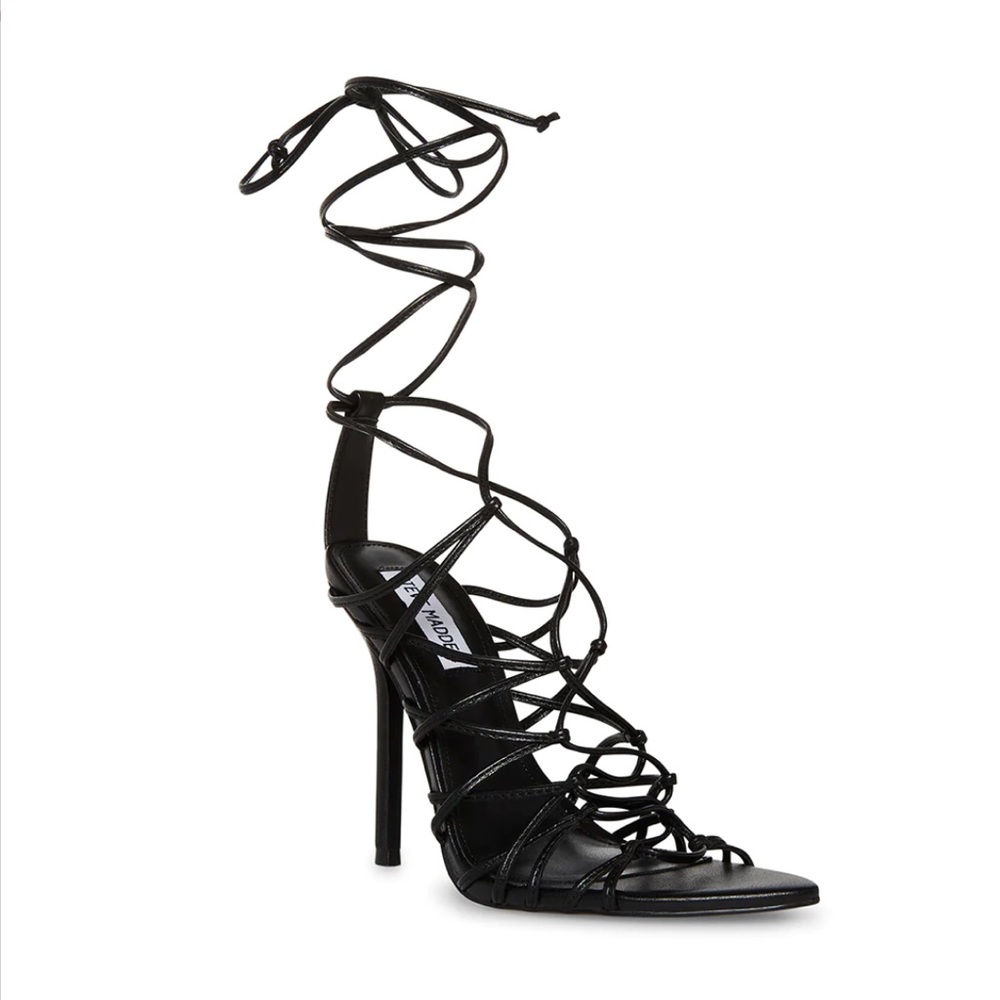 New Steve Madden Ankle Wrap Ties Strappy Stiletto Sandals Black Size 9.5 NIB
